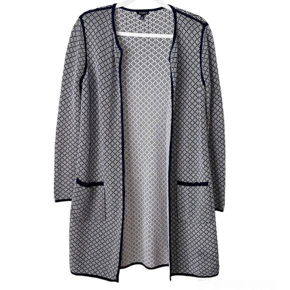 Talbots | Long Line Open Front Cardigan Sweater Duster Navy White Small - Picture 1 of 6